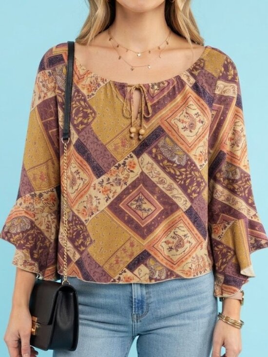 Vintage Tops - Boho Paisley Patchwork Peasant Top